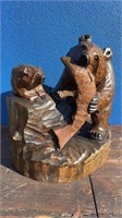 CHIP CARVED TIMBER BEAR AND CUB WITH SALMON