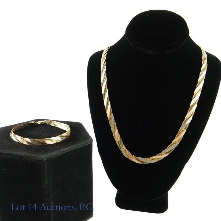 14k Gold Italian Tricolor Necklace & Bracelet Set