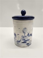 VINTAGE POTTERY BLUE AND WHITE WINDMILL CANISTER