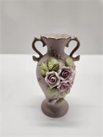 VINTAGE PINK DRESDEN LACED WITH ROSES MINI VASE