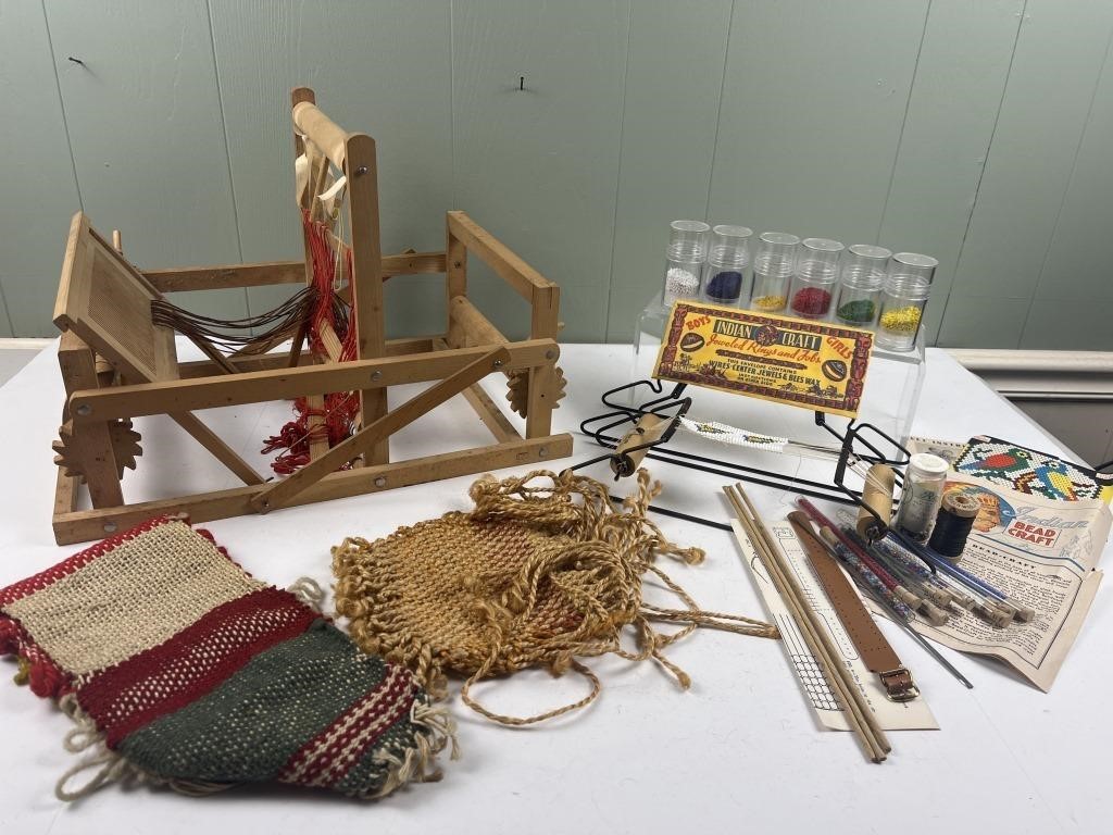 Vintage tabletop weaving loom and Indian bead