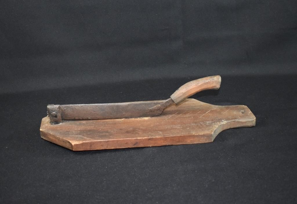 Antique Forged Iron & Wood Tobacco Leaf Cutter