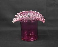Fenton Snow Crested Cranberry Ruffled Tophat Vase