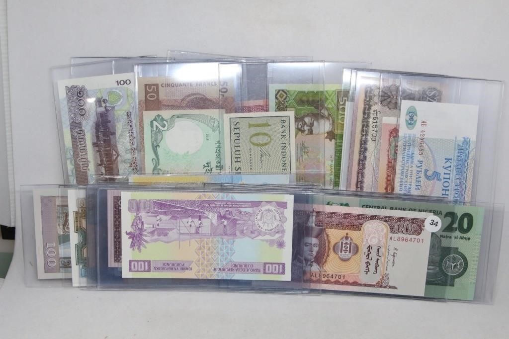 Lot of 34 Misc. Foreign Uncirculated Banknotes