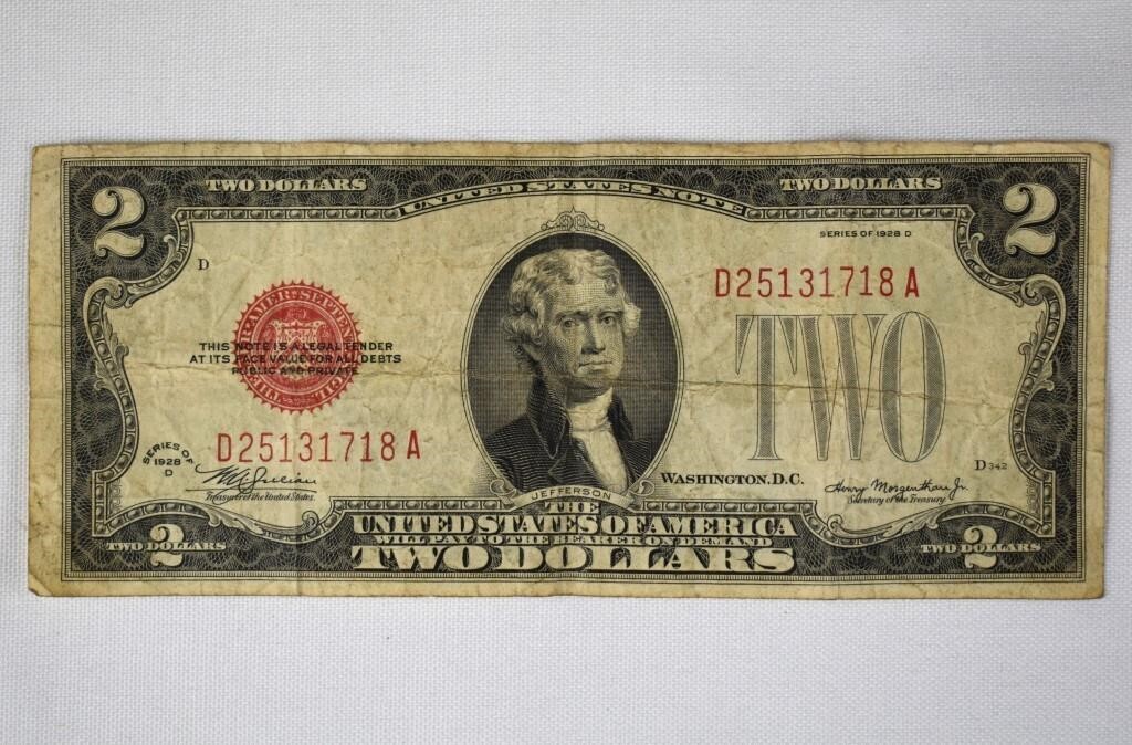 1928 US Red Seal 2 Dollar Bill