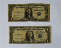 2- 1935 US 1 Dollar Blue Seal Silver Certificate
