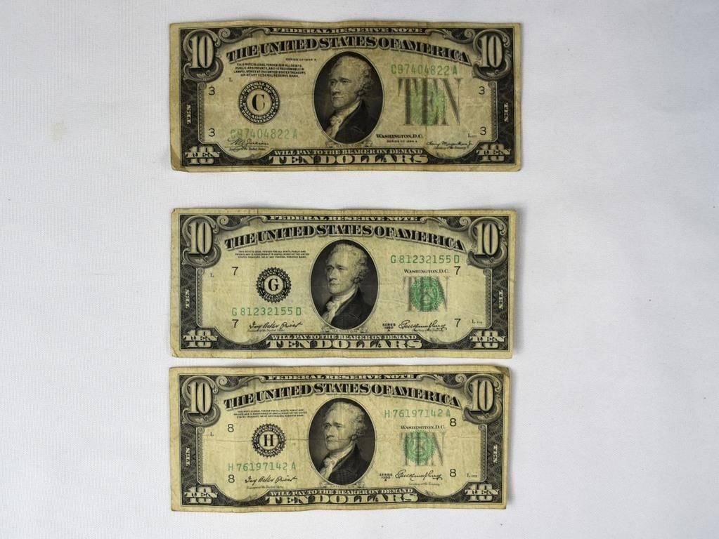 3- US 10 Dollar Bills 1-1934 & 2-1950