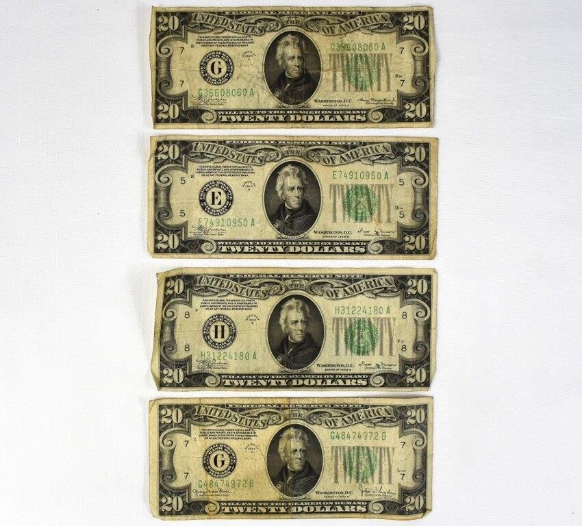 4- 1934 20 Dollar Bills A, B, & D Series