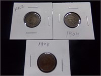 3 Indianhead pennies 1902, 04, 08
