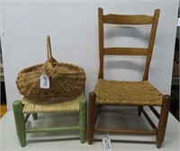 Child's Chair, Painted Footstool, Basket