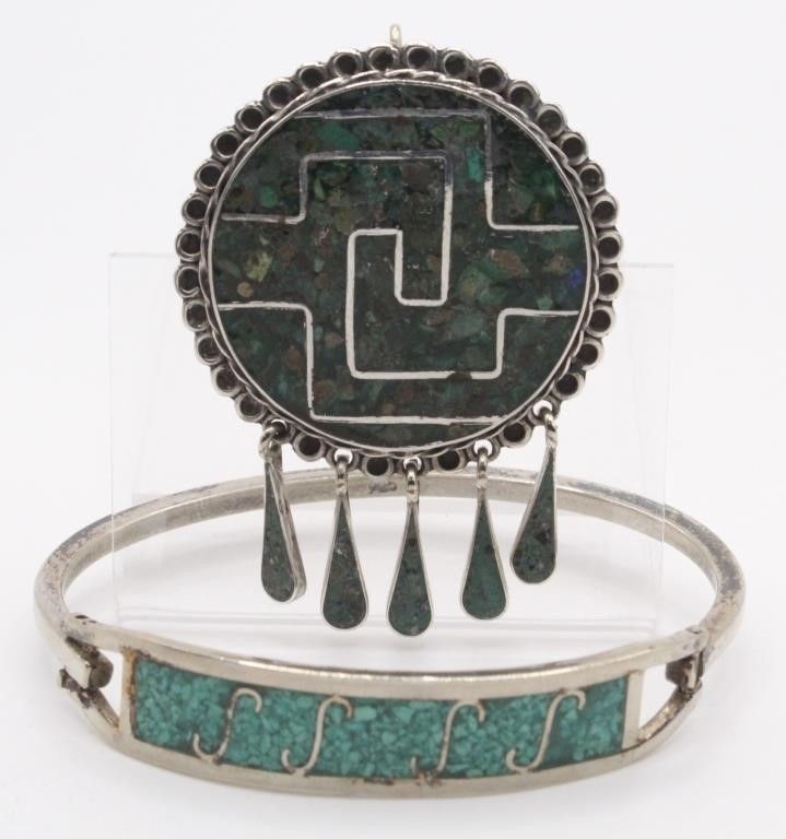 2pc Mexican Silver Brooch & Bangle, 1st stamped