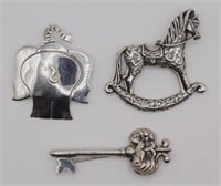 3 Sterling Silver Pins, an Elephants rear end, a
