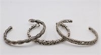 3 Sterling Silver Cuff Bracelets w/twisted or
