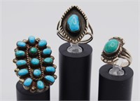 3 Southwest Silver & Turquoise Old Pawn Rings,