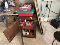 Record Player, Wooden Cabinet & Contents