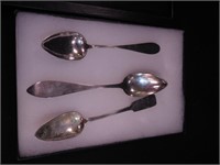 Three early coin silver spoons: two are 8 3/4"