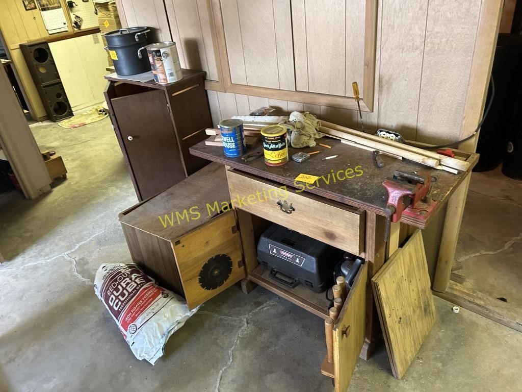 Wooden Workbench, 2 Circular Saws, Wooden Cabinet