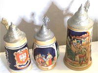 Trio Of Vintage German Pewter Lid Beer Steins