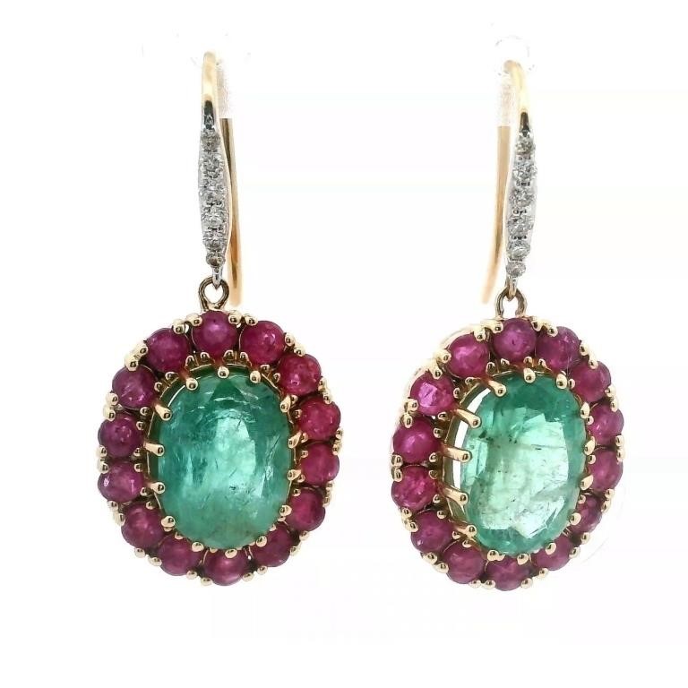 14ct y/g emerald & multi-ruby & diamond earrings