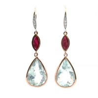 14ct r/g aquamarine, ruby & dia earrings