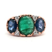10ct r/g emerald, 2 x sapphire & diamond ring