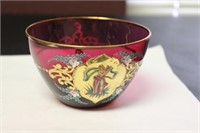 Hand Painted Cranberry Bowl - Rare Figeral Design