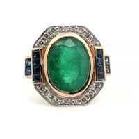 14ct Y/W/G Emerald 5.27ct, Sapphire, Diamond ring