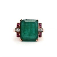 14ct r/g emerald, ruby & diamond ring