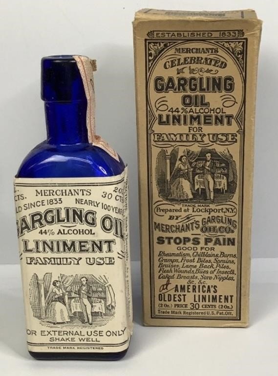 Antique Merchant's Gargling Liniment Oil Bottle &