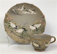 Japanese Playful Cranes Flowers Clay Plate & Cup