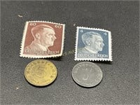 1942 AND 1938 THIRD REICH COINS AN 2 GERMAN STAMPS