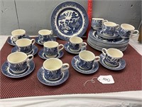 11 Blue Willow Plates,12 Cups & Saucers