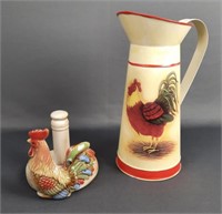 Decorative Rooster Pitcher and Ceramic Rooster