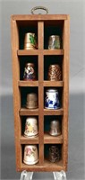 Wooden Display Case with 10 Vintage Thimbles