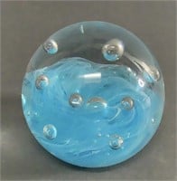 Wavy Blue & White Paperweight with Bubbles