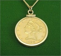 1898 5 DOLLAR HALF EAGLE COIN, 24" 14K GOLD CHAIN