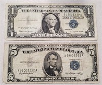 US Silver Certificates $1 & $5 In Folder