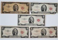 (5) Red Seal $2 US Notes