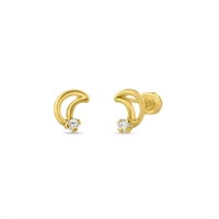 14k Gold White Topaz Crescent Moon Stud Earrings