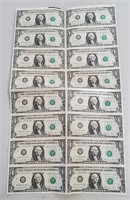 Uncut Sheet Of 16 1981 $1 Federal Reserve Notes