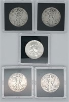 (5) US Silver Half Dollars