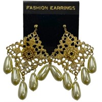 Filigree Style Yellow Pearl Drop Earrings