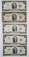 (5) Red Seal $2 US Notes