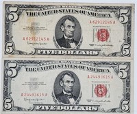 (2) Red Seal $5 US Notes