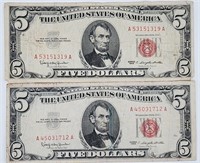 (2) Red Seal $5 US Notes