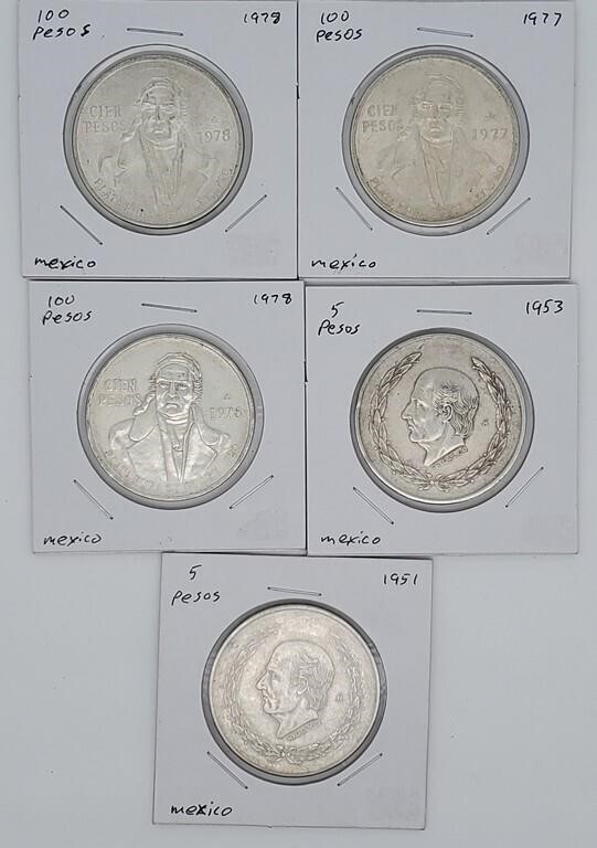 5 Mexico Silver Peso Coins
