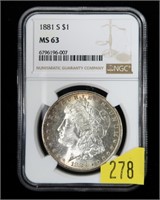1881-S Morgan dollar, NGC slab certified MS-63