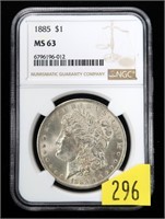 1885 Morgan dollar, NGC slab certified MS-63