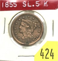 1855 U.S. Large cent, slant Five