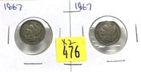 x2- 1867 3-cent nickels -x2 nickels -sold by